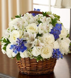 Blue & White Mixed Flower Sympathy Arrangement in a Basket