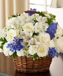 Blue & White Mixed Flower Sympathy Arrangement in a Basket 