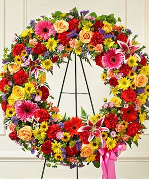 Bright Multicolor Mixed Flower Standing Sympathy Wreath