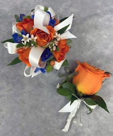 Orange Rose Corsage & Boutonniere with Blue & White Accents 