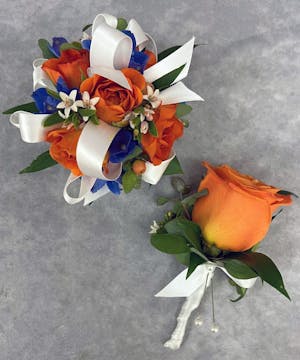 Orange Rose Corsage & Boutonniere with Blue & White Accents