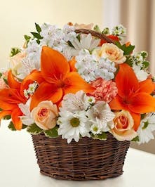 Peach, Orange & White Sympathy Arrangement in a Basket 