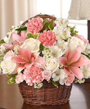 Pink & White Mixed Flower Sympathy Arrangement in a Basket