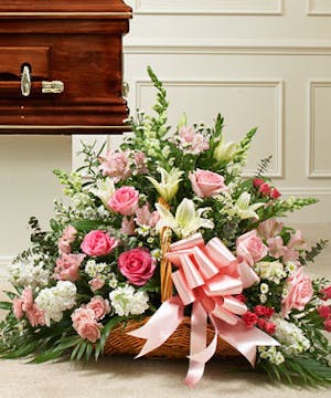 Pink Roses and White Mixed Flowers in a Fireside Basket