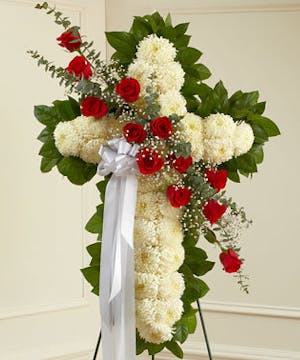 White Flower Cross with Red Rose Break
