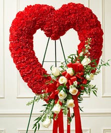 Red Carnation Standing Open Heart Accented with White Roses 