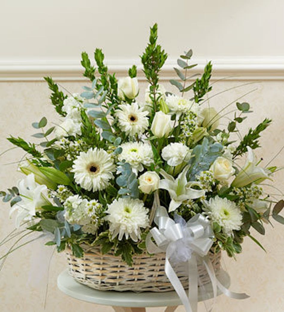 White Sympathy Basket by 1-800-Flowers: White Mixed Flowers in a Basket
