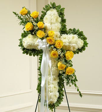 Floral Funeral Cross Denver Floral Funeral Cross Denver Colorado Florist   YellowWhiteCrosswithYellowRoseBreak121216121438 