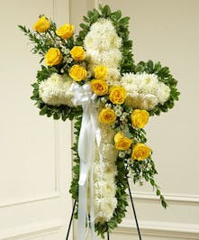 White Flower Cross with Yellow Rose Break 