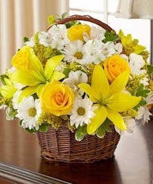 Yellow & White Mixed Flower Sympathy Arrangement in a Basket 