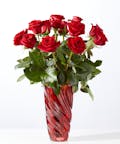 Classic Love Red Rose Bouquet with Red Vase - 12 Roses